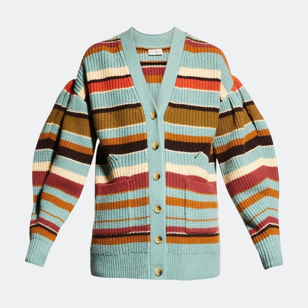 Ulla Johnson Teal Striped Tillie Ballon Sleeve Cardigan Sweater Size Small - Picture 4 of 10